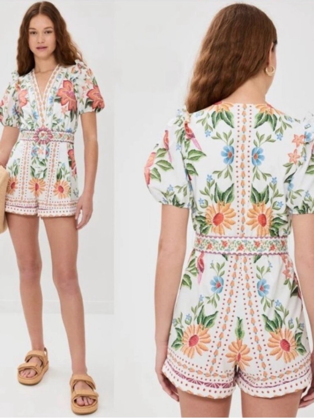 Caroline Constas floral multicolor short sleeve linen blend off white romper.